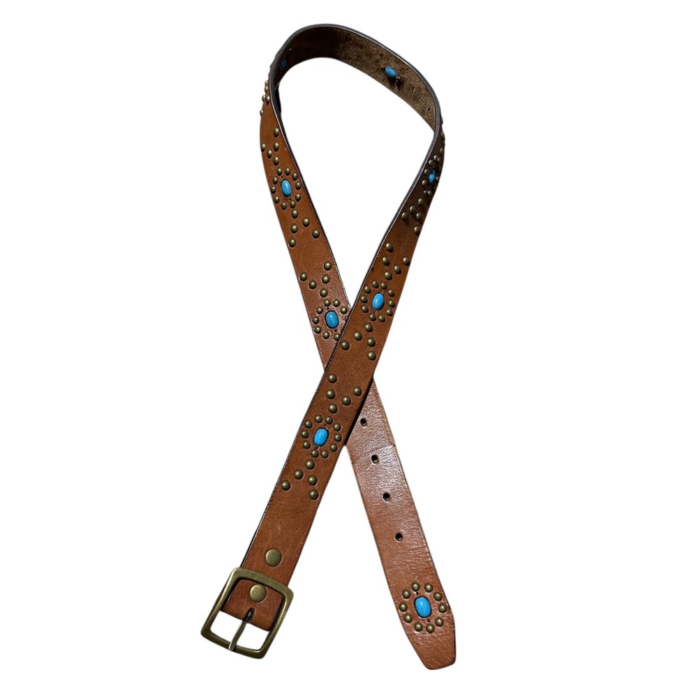 Fossil Womens Brown Leather Studded Turquoise Western Belt BT2404 Medium - Picture 4 of 11